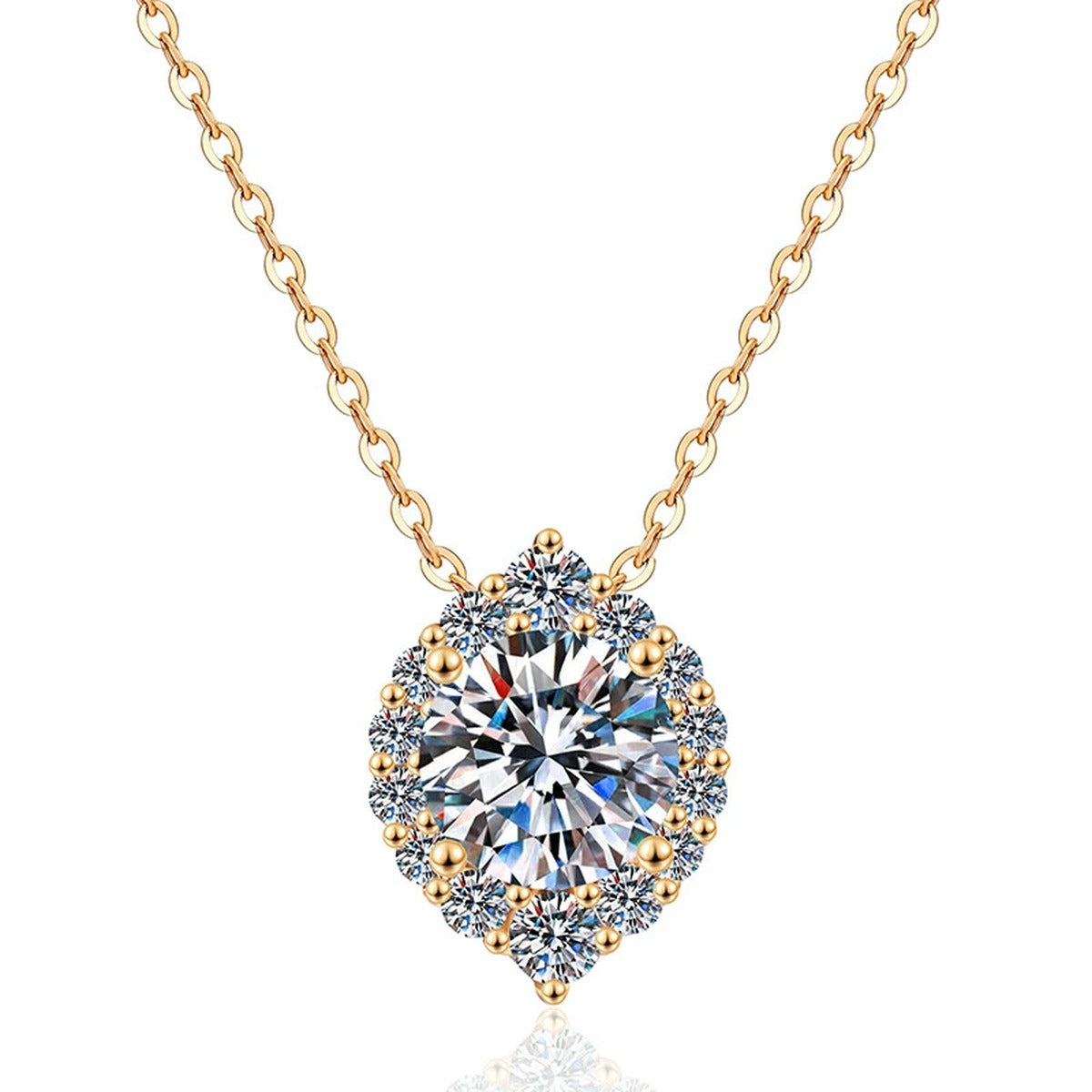 Round Halo Moissanite Pendant Necklace in Champagne Gold-Plated S925 Sterling Silver on clean white background showing the round halo pendant with a pointed lower accent