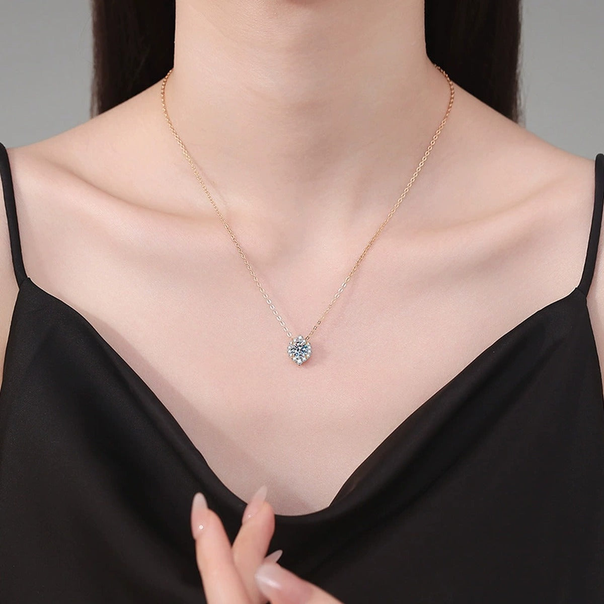 Round Halo Moissanite Pendant Necklace in Champagne Gold-Plated S925 Sterling Silver worn on neckline by model