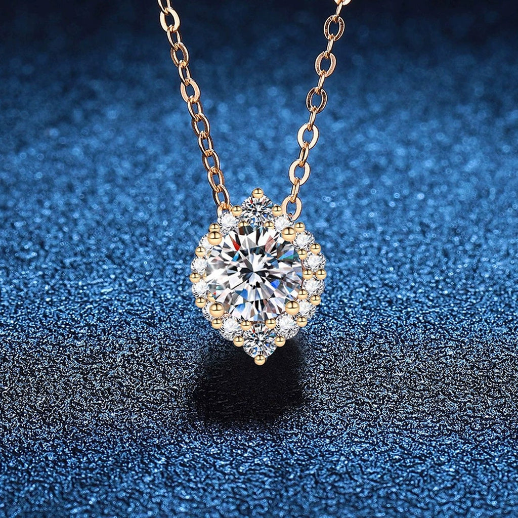 Round Halo Moissanite Pendant Necklace in Champagne Gold-Plated S925 Sterling Silver blue background product view