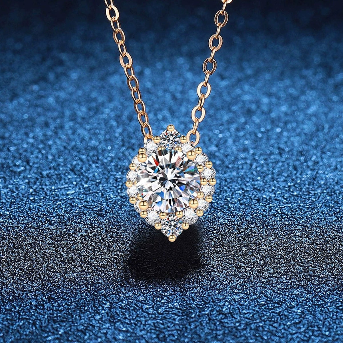 Round Halo Moissanite Pendant Necklace in Champagne Gold-Plated S925 Sterling Silver blue background product view