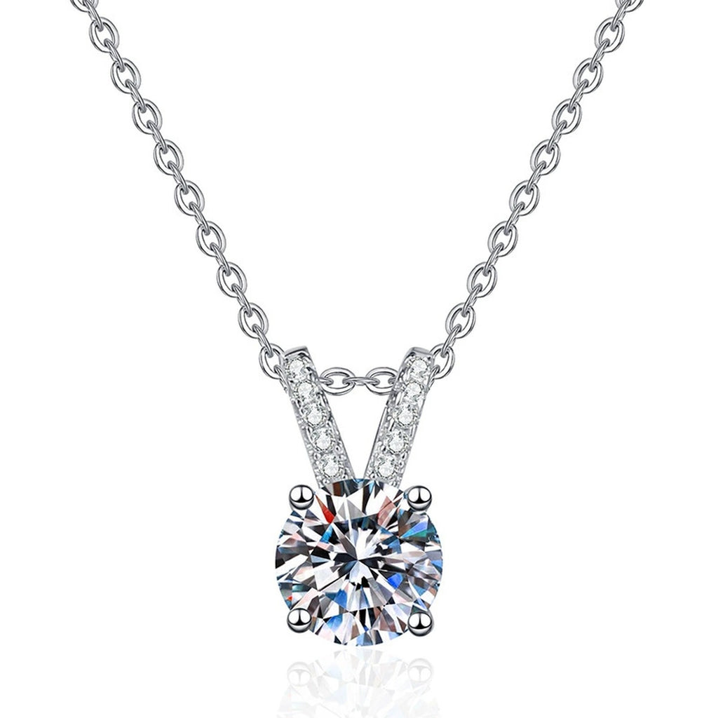 Classic Round Moissanite Solitaire Pendant Necklace in Platinum-Plated S925 Sterling Silver on clean white background showing the four-prong round solitaire pendant