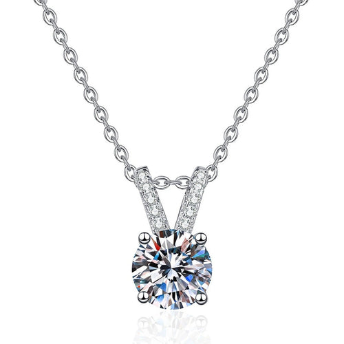 Classic Round Moissanite Solitaire Pendant Necklace in Platinum-Plated S925 Sterling Silver on clean white background showing the four-prong round solitaire pendant