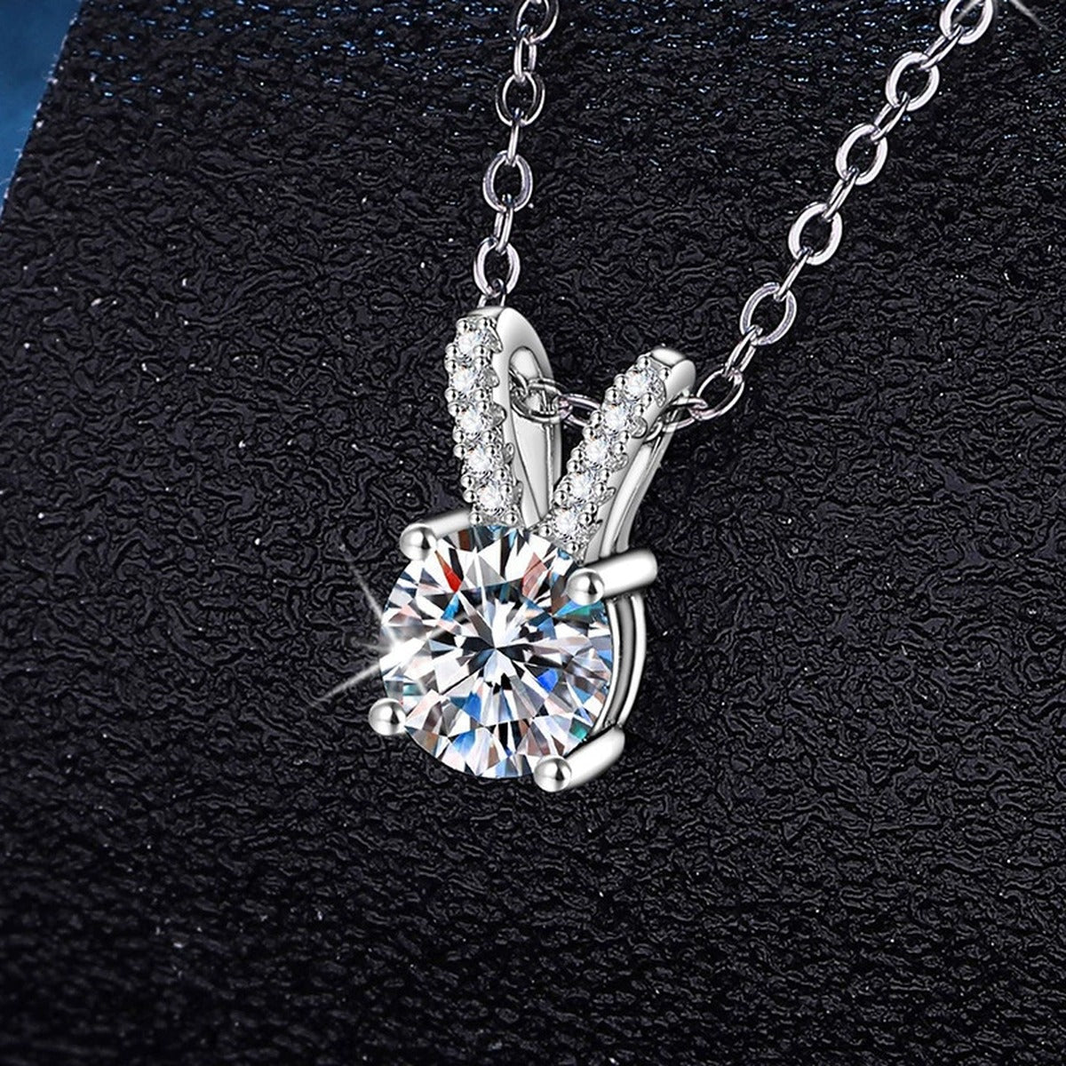 Classic Round Moissanite Solitaire Pendant Necklace in Platinum-Plated S925 Sterling Silver dark background product display view