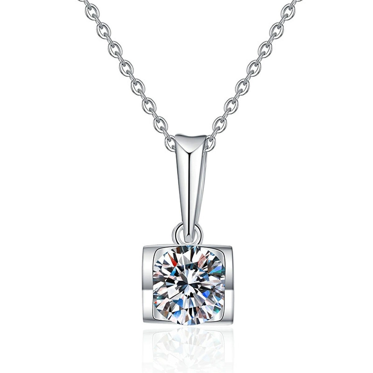 Square Frame Moissanite Pendant Necklace in Platinum-Plated S925 Sterling Silver on clean white background showing the sleek square-frame round moissanite pendant