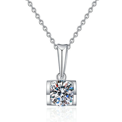 Square Frame Moissanite Pendant Necklace in Platinum-Plated S925 Sterling Silver on clean white background showing the sleek square-frame round moissanite pendant