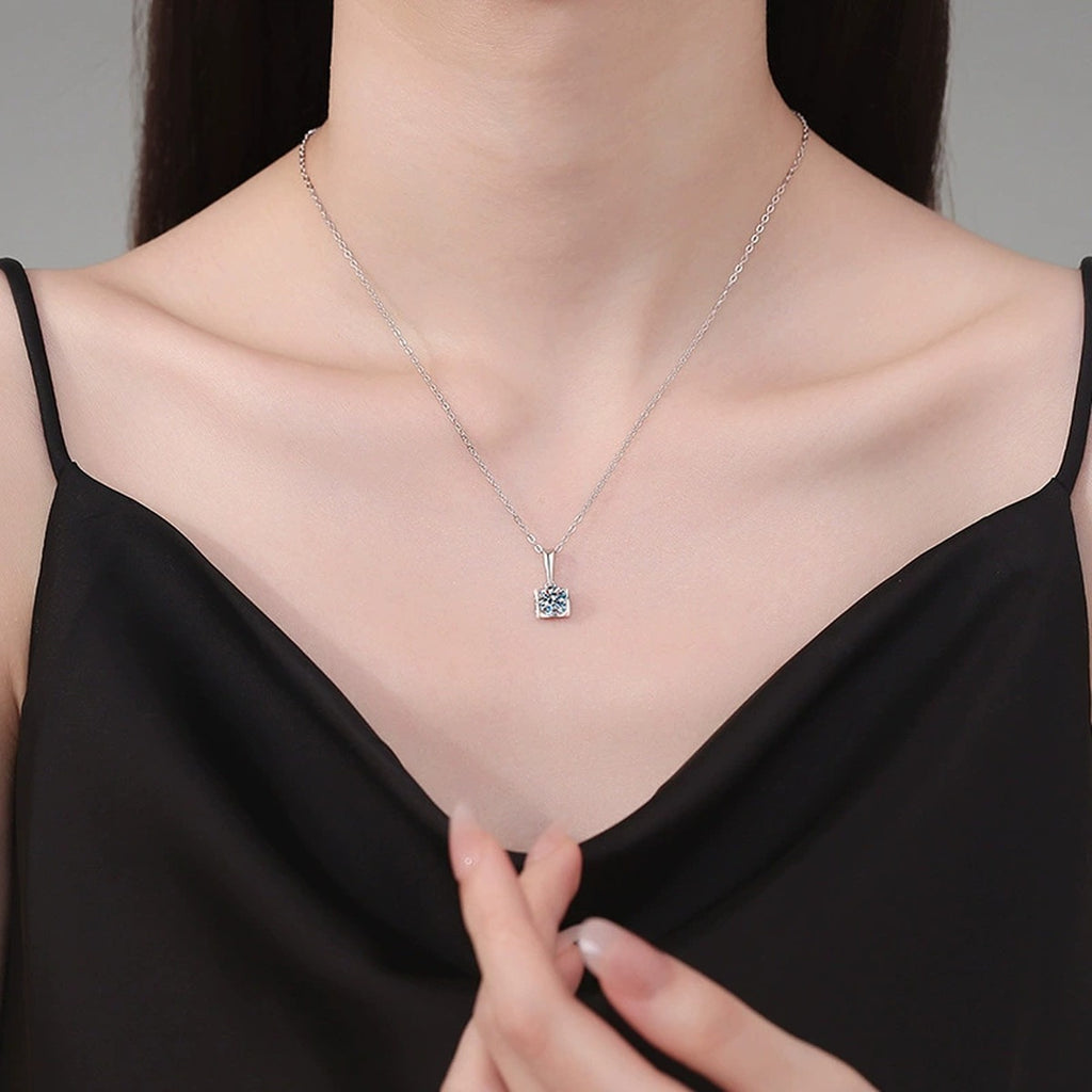 Square Frame Moissanite Pendant Necklace in Platinum-Plated S925 Sterling Silver worn on neckline by model