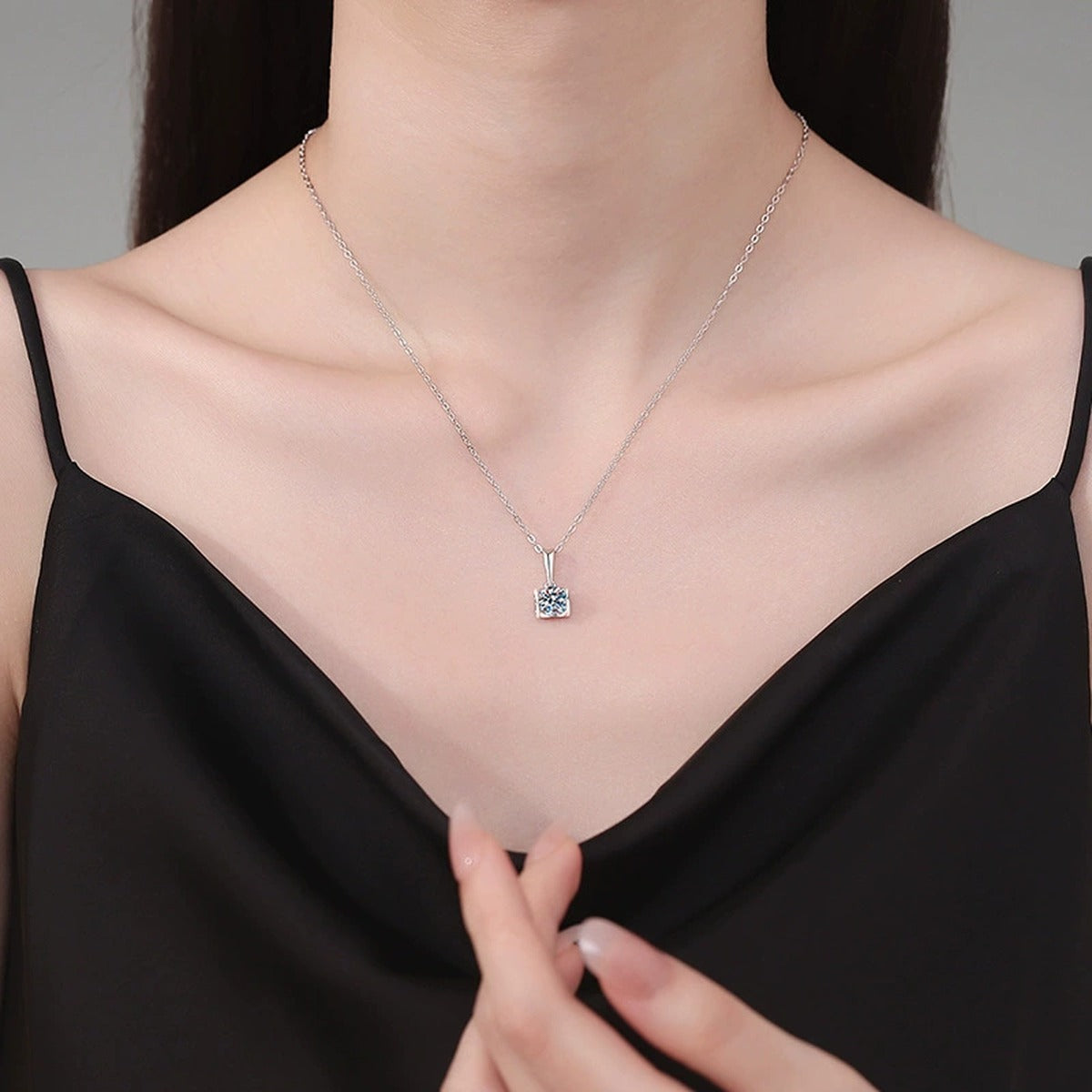 Square Frame Moissanite Pendant Necklace in Platinum-Plated S925 Sterling Silver worn on neckline by model