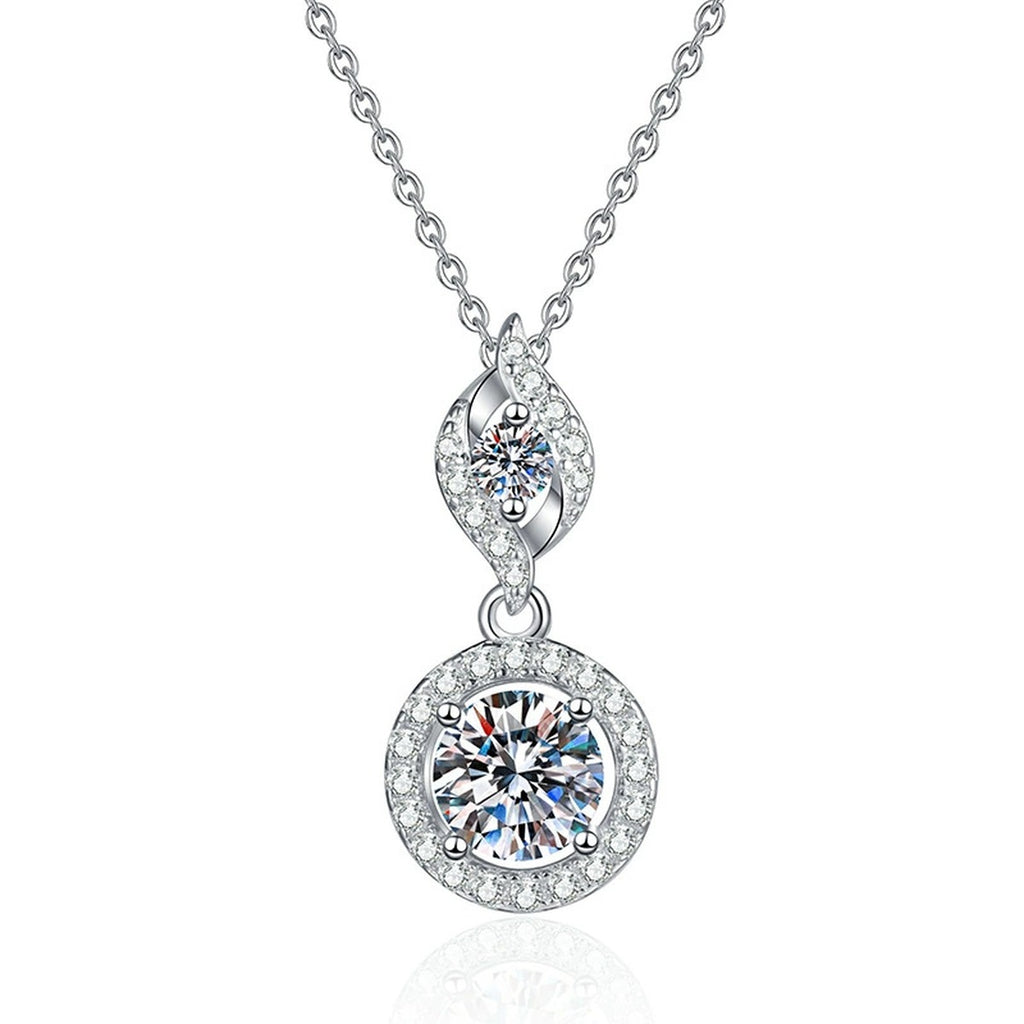 Double Halo Drop Moissanite Pendant Necklace in Platinum-Plated S925 Sterling Silver on clean white background showing the two-tier drop pendant with a marquise-inspired top halo