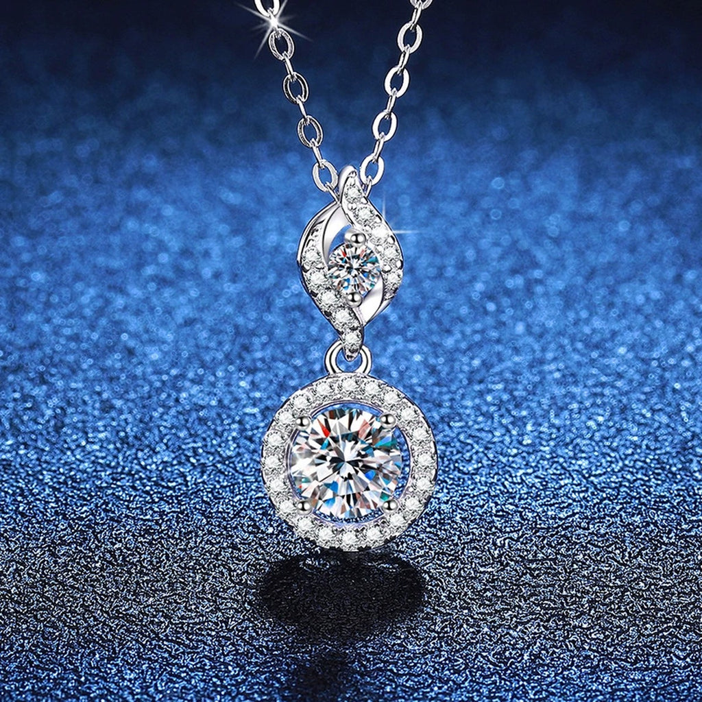 Double Halo Drop Moissanite Pendant Necklace in Platinum-Plated S925 Sterling Silver blue background product view