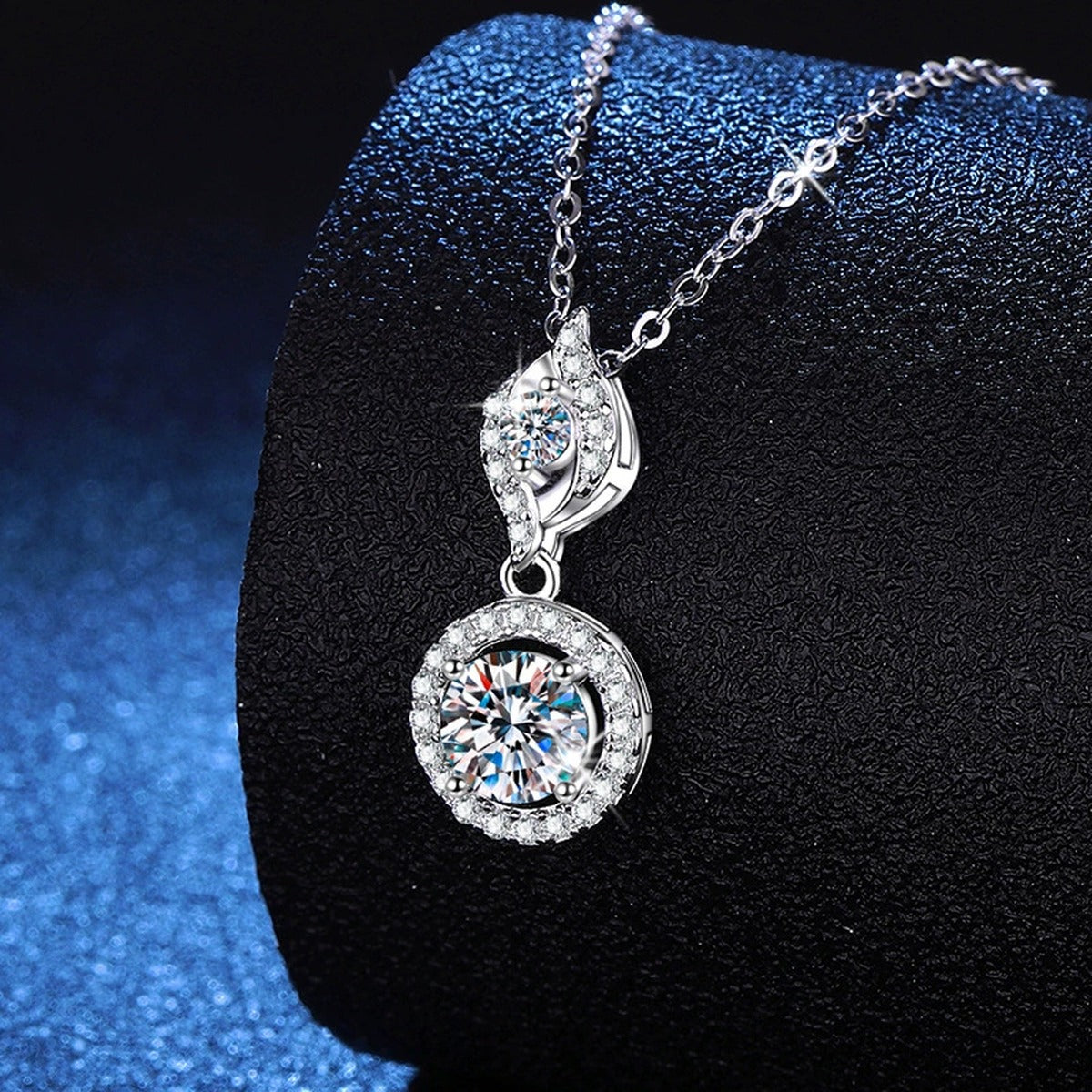 Double Halo Drop Moissanite Pendant Necklace in Platinum-Plated S925 Sterling Silver dark background product display view
