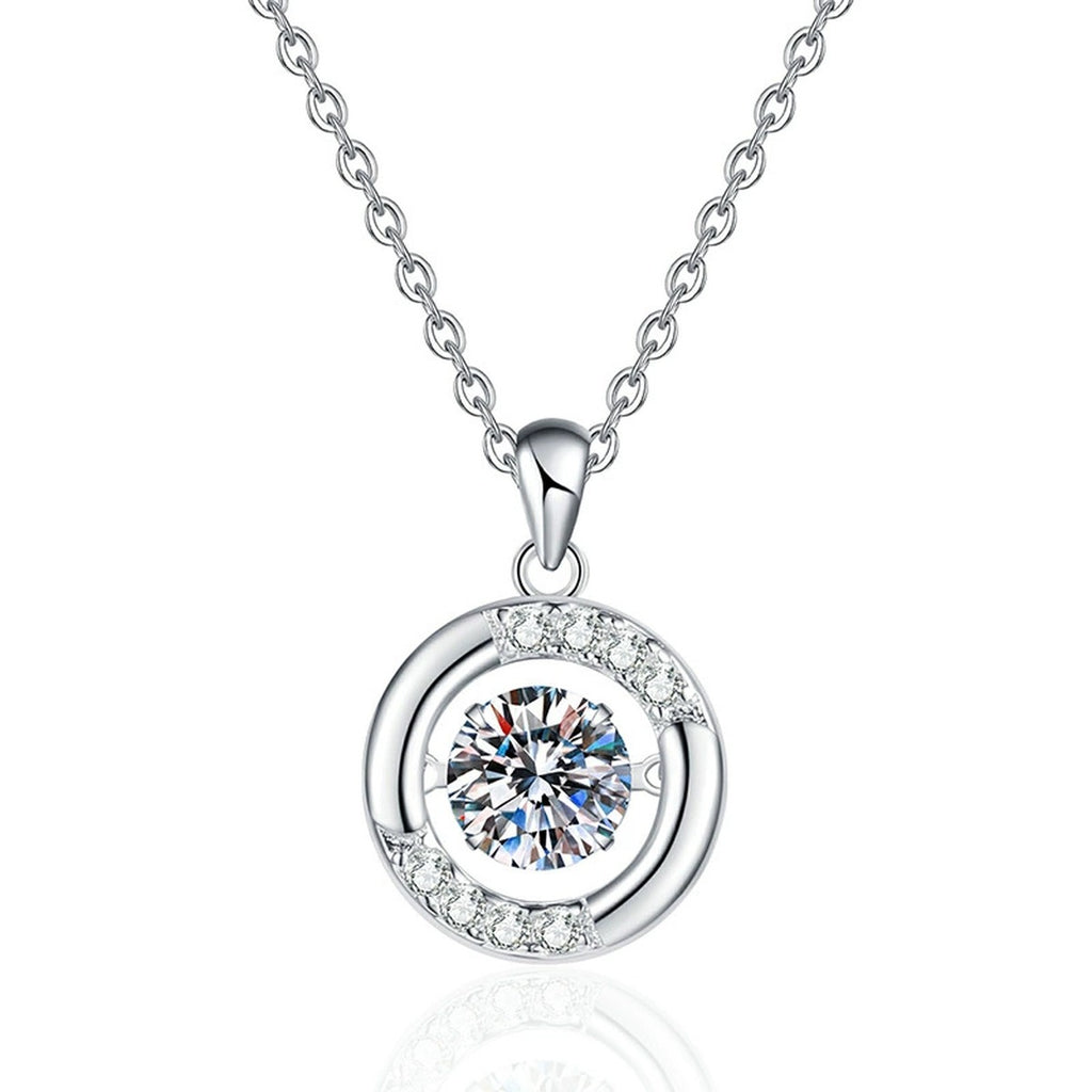 Crescent Halo Moissanite Pendant Necklace in Platinum-Plated S925 Sterling Silver on clean white background showing the crescent halo pendant wrapped around a round center stone