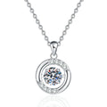 Crescent Halo Moissanite Pendant Necklace in Platinum-Plated S925 Sterling Silver on clean white background showing the crescent halo pendant wrapped around a round center stone
