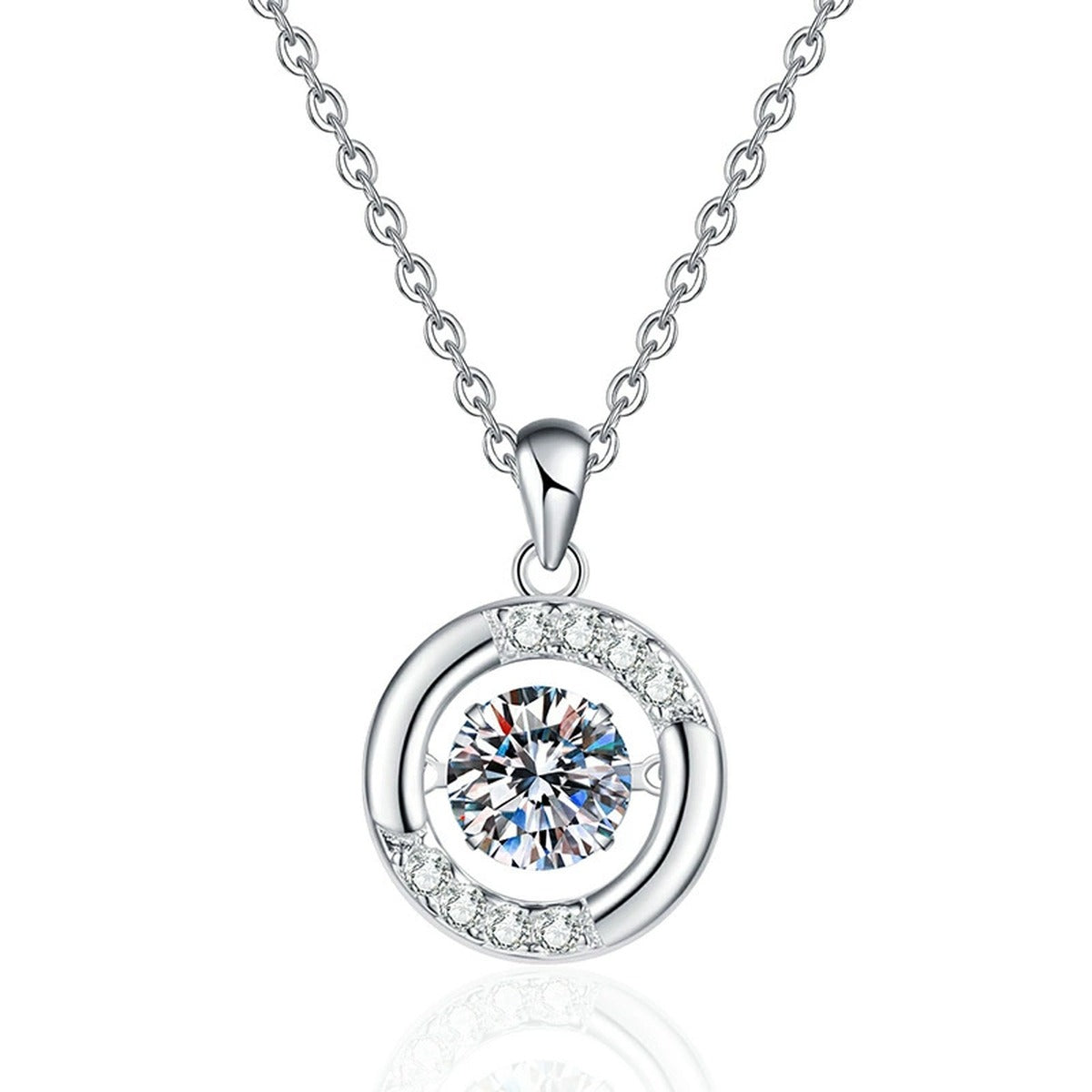 Crescent Halo Moissanite Pendant Necklace in Platinum-Plated S925 Sterling Silver on clean white background showing the crescent halo pendant wrapped around a round center stone