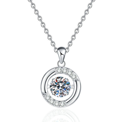 Crescent Halo Moissanite Pendant Necklace in Platinum-Plated S925 Sterling Silver on clean white background showing the crescent halo pendant wrapped around a round center stone