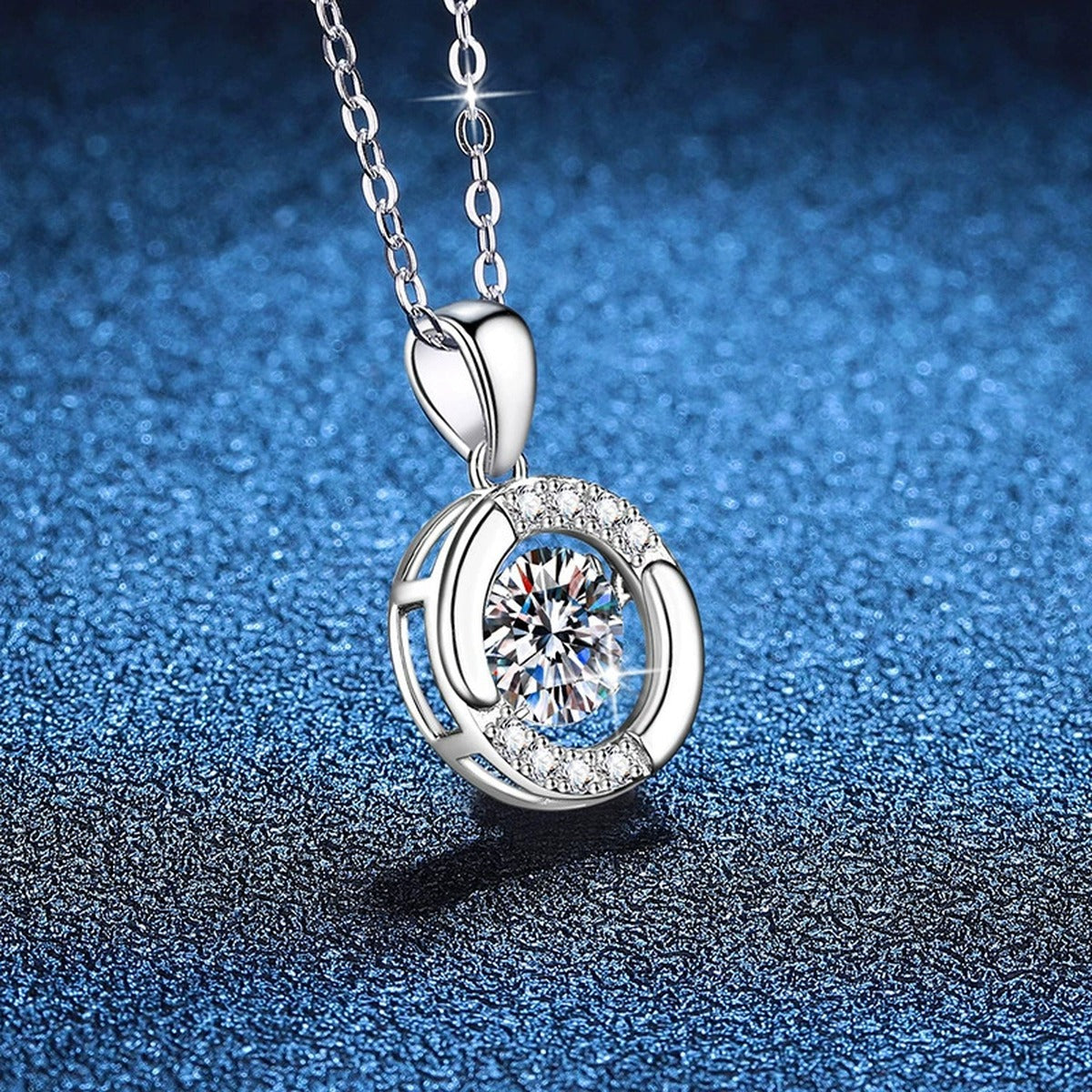 Crescent Halo Moissanite Pendant Necklace in Platinum-Plated S925 Sterling Silver blue background product view