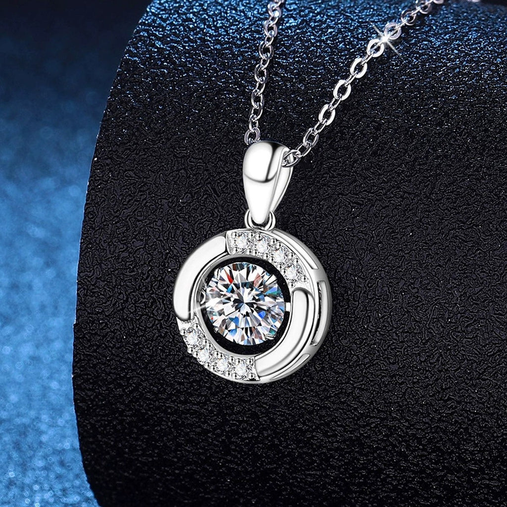 Crescent Halo Moissanite Pendant Necklace in Platinum-Plated S925 Sterling Silver dark background product display view