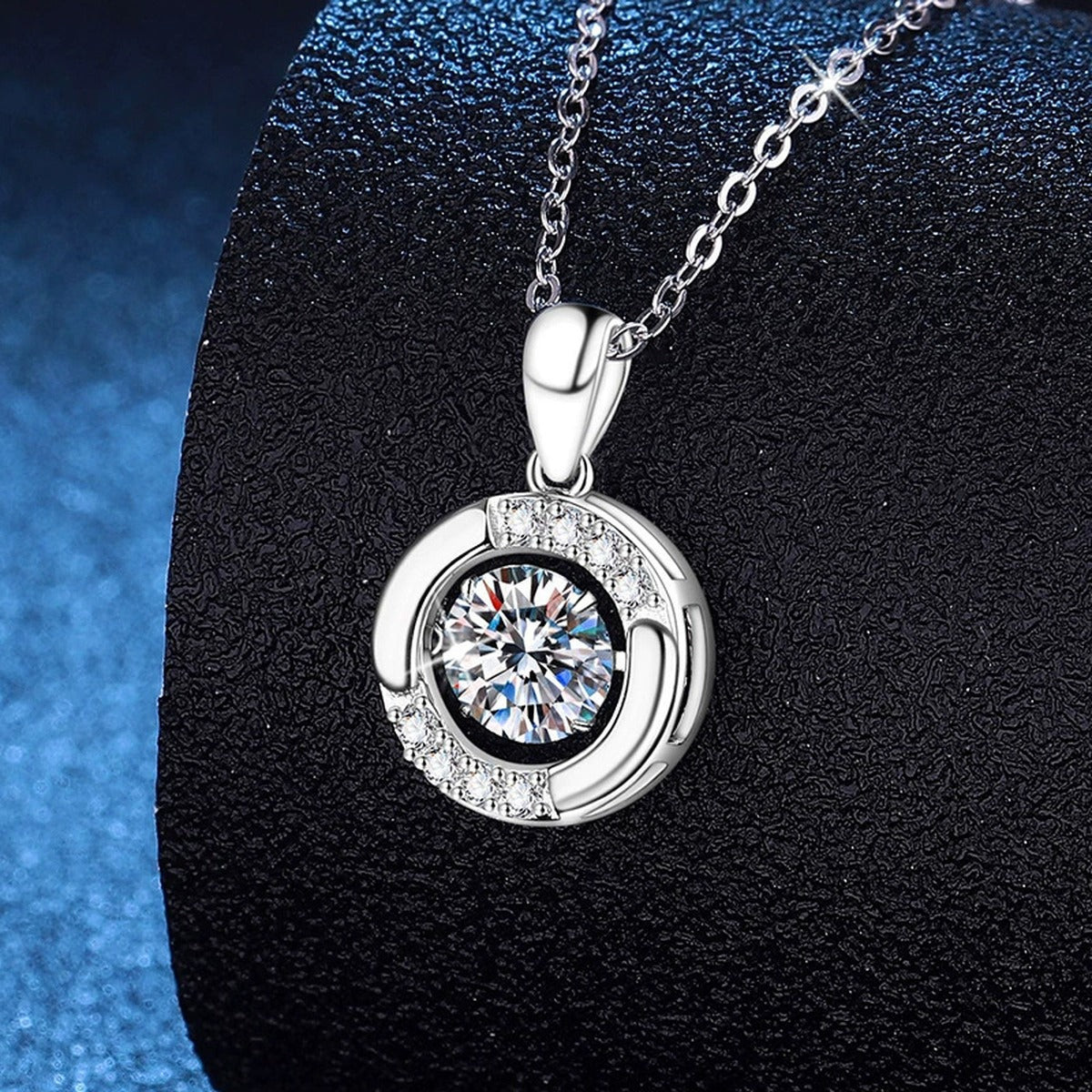Crescent Halo Moissanite Pendant Necklace in Platinum-Plated S925 Sterling Silver dark background product display view