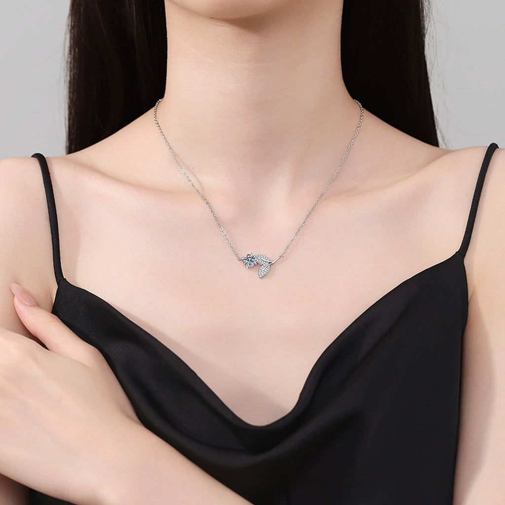 Leaf Vine Moissanite Pendant Necklace in Platinum-Plated S925 Sterling Silver worn on neckline by model