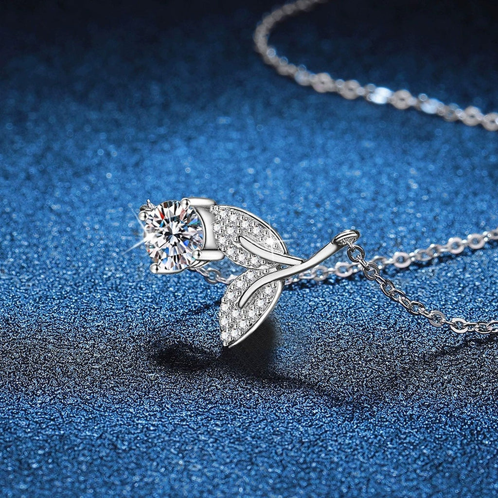 Leaf Vine Moissanite Pendant Necklace in Platinum-Plated S925 Sterling Silver blue background product view