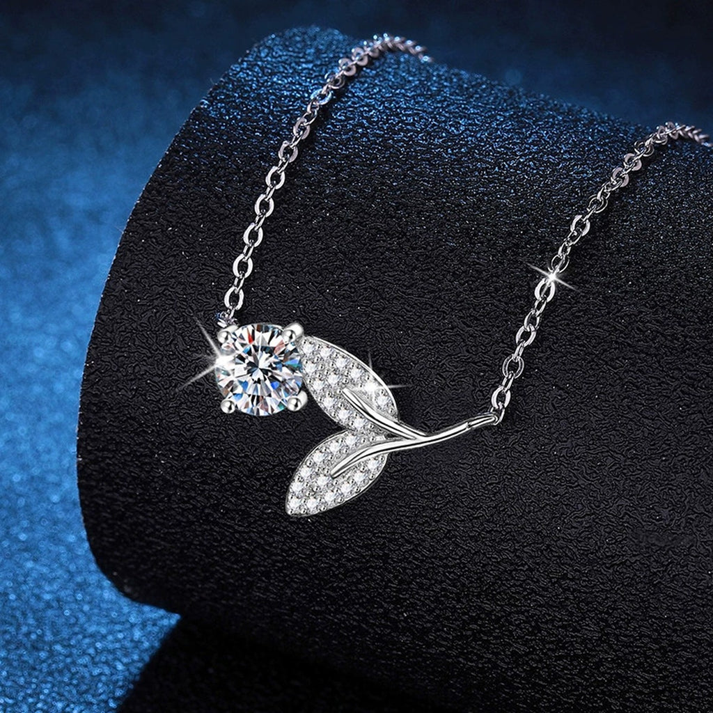 Leaf Vine Moissanite Pendant Necklace in Platinum-Plated S925 Sterling Silver dark background product display view