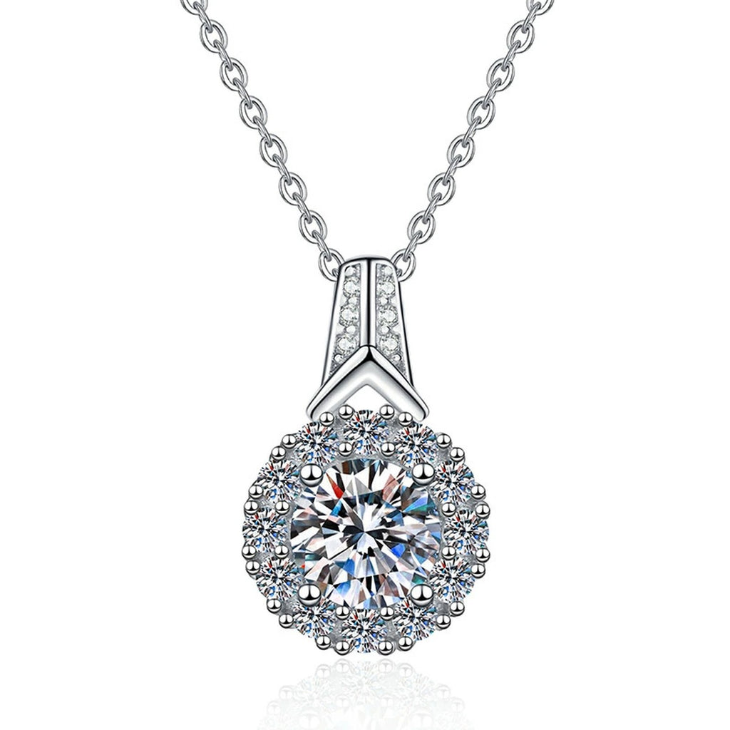 Round Halo Moissanite Pendant Necklace in Platinum-Plated S925 Sterling Silver on clean white background showing the round halo pendant with a pave bail