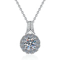 Round Halo Moissanite Pendant Necklace in Platinum-Plated S925 Sterling Silver on clean white background showing the round halo pendant with a pave bail