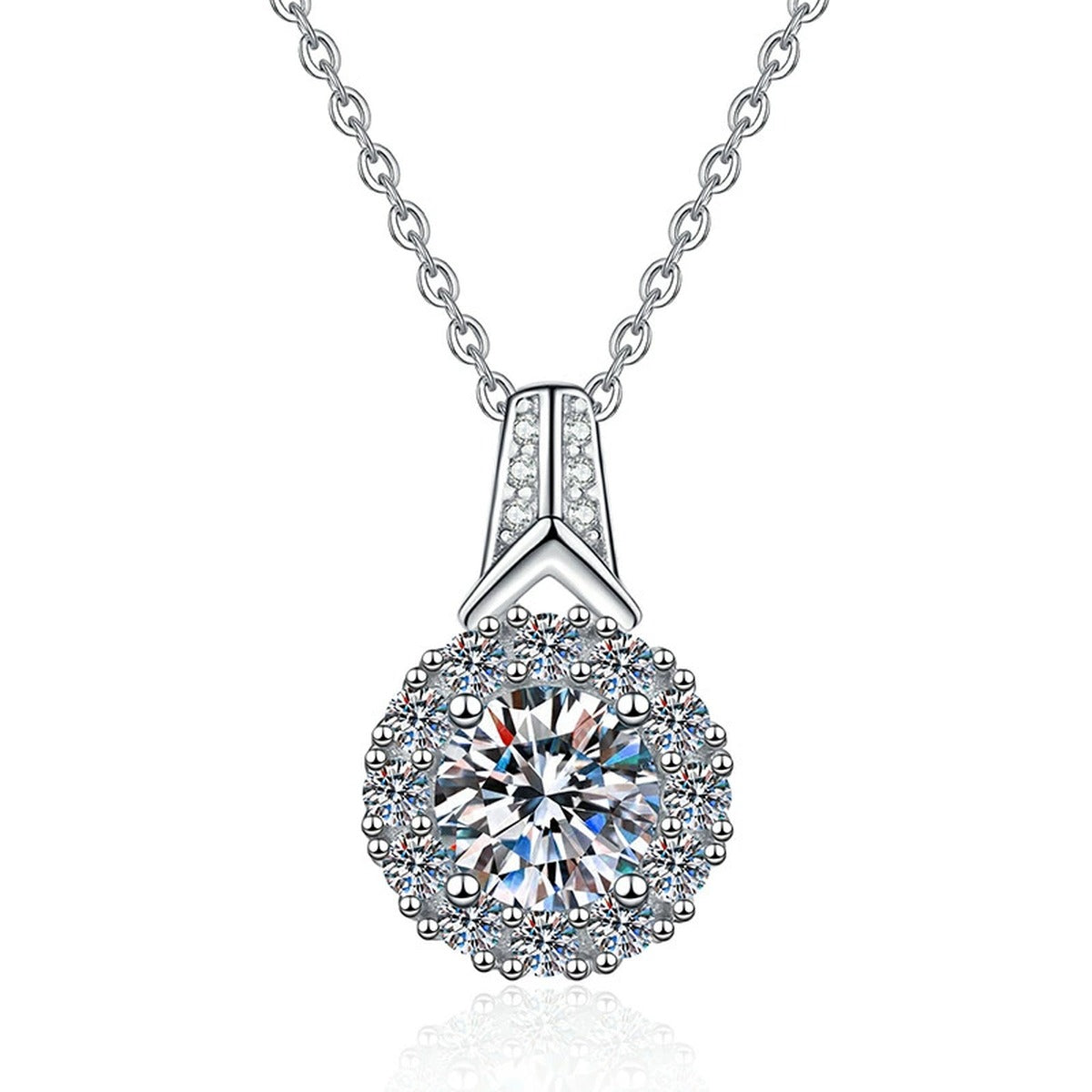 Round Halo Moissanite Pendant Necklace in Platinum-Plated S925 Sterling Silver on clean white background showing the round halo pendant with a pave bail
