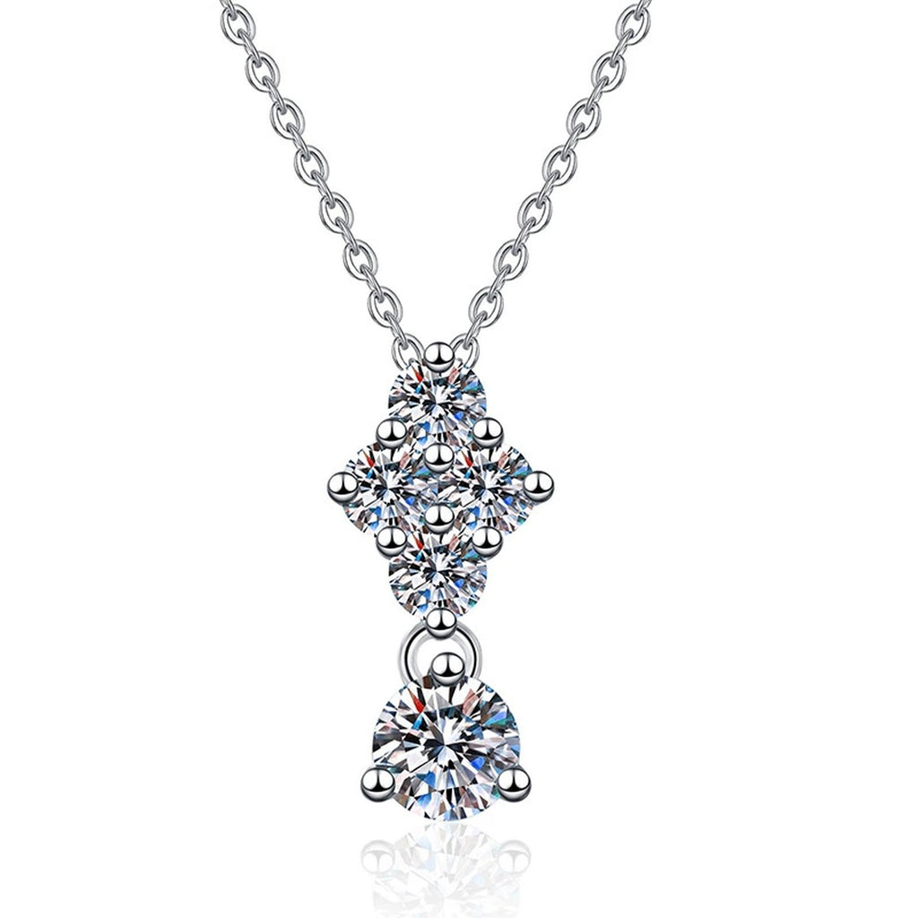 Graduated Cluster Moissanite Drop Necklace in Platinum-Plated S925 Sterling Silver on clean white background showing the graduated cluster drop pendant