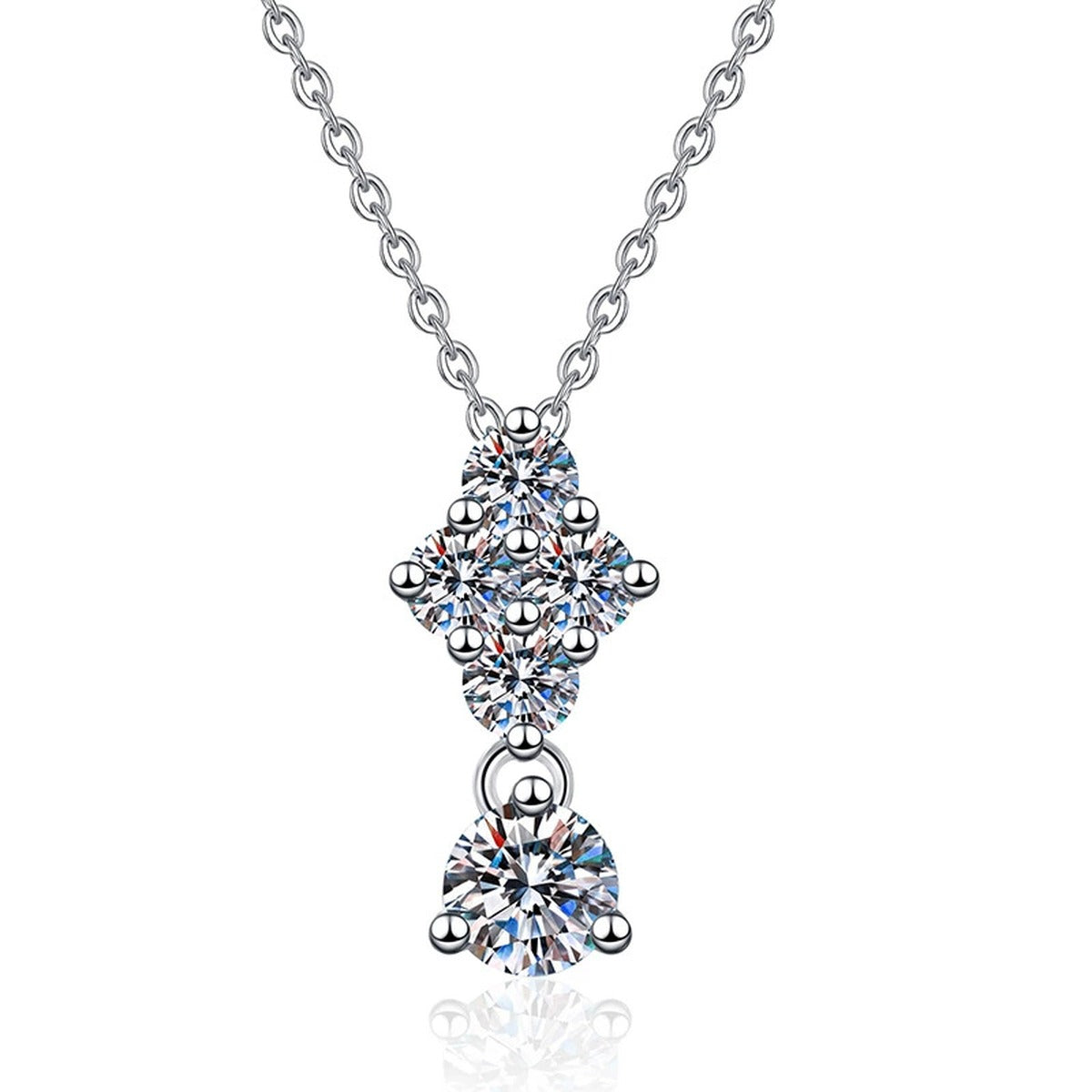 Graduated Cluster Moissanite Drop Necklace in Platinum-Plated S925 Sterling Silver on clean white background showing the graduated cluster drop pendant