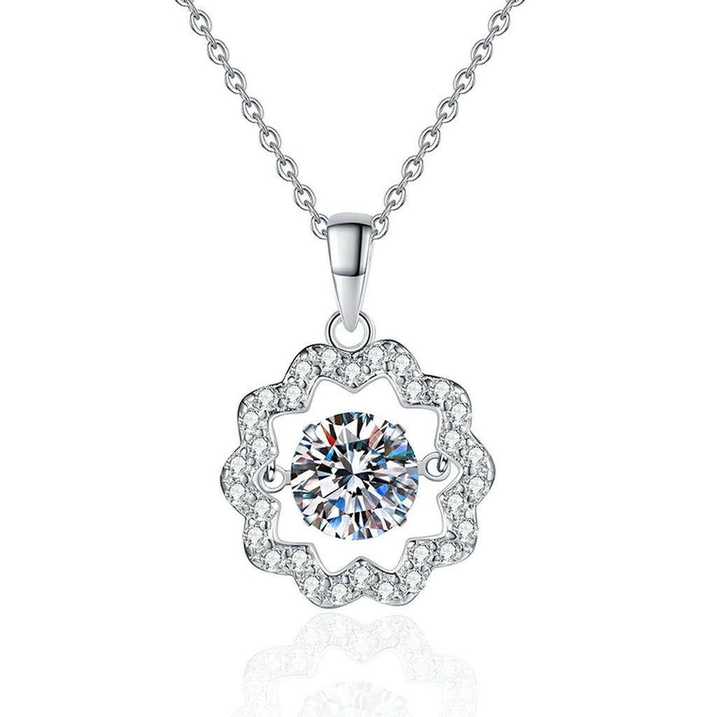Floral Halo Moissanite Pendant Necklace in Platinum-Plated S925 Sterling Silver on clean white background showing the floral halo pendant with petal-like side stones