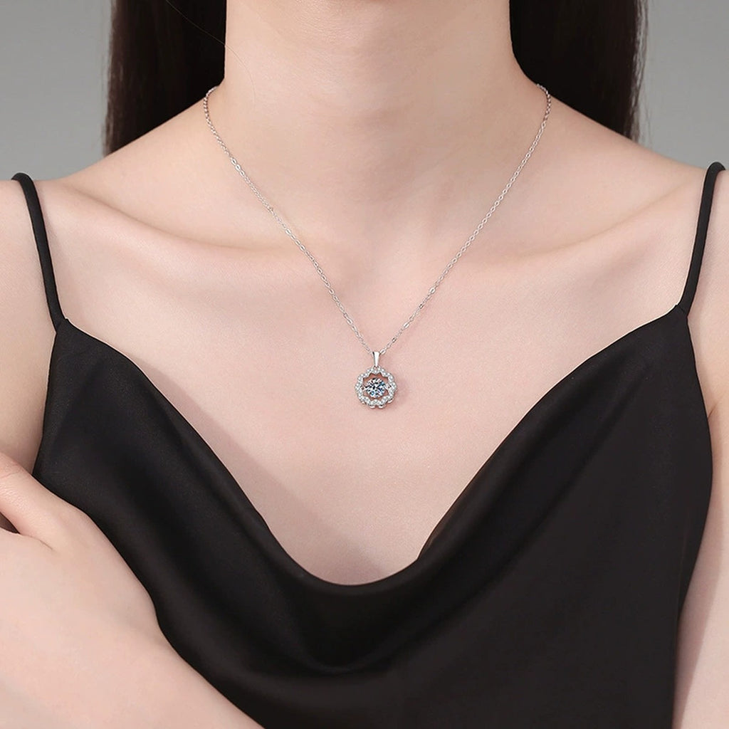 Floral Halo Moissanite Pendant Necklace in Platinum-Plated S925 Sterling Silver worn on neckline by model