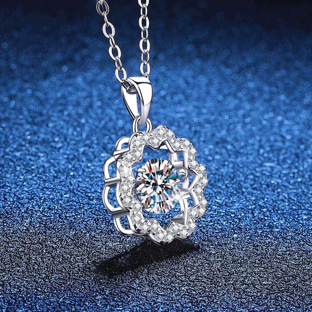 Floral Halo Moissanite Pendant Necklace in Platinum-Plated S925 Sterling Silver blue background product view
