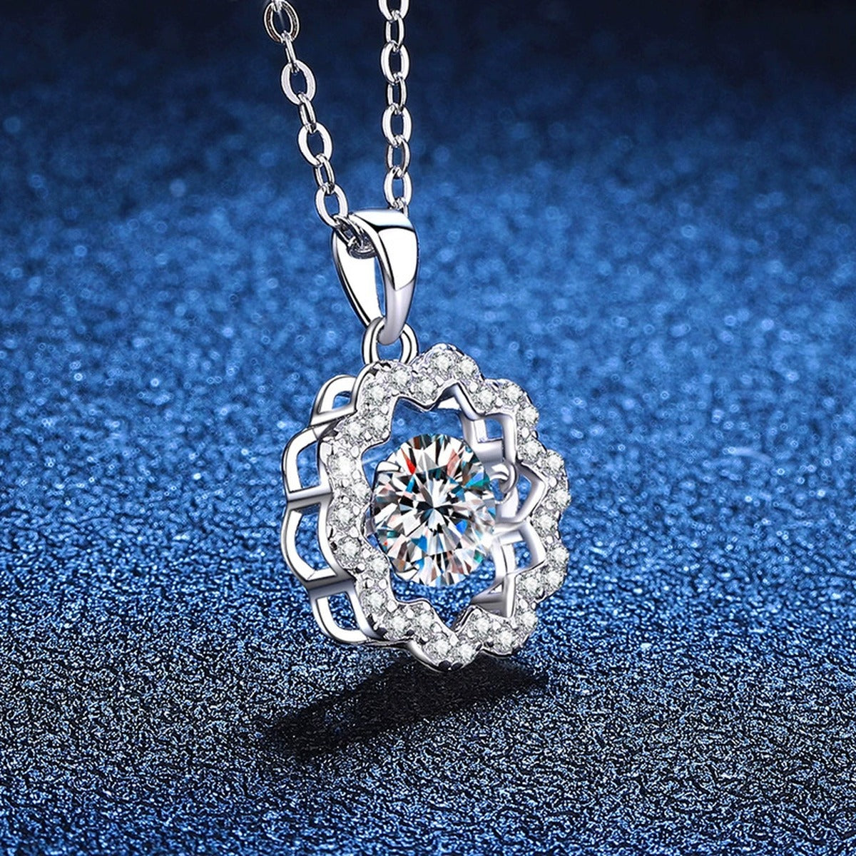 Floral Halo Moissanite Pendant Necklace in Platinum-Plated S925 Sterling Silver blue background product view