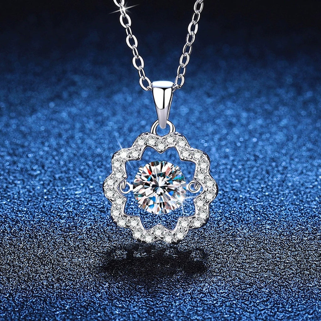 Floral Halo Moissanite Pendant Necklace in Platinum-Plated S925 Sterling Silver blue background angled view
