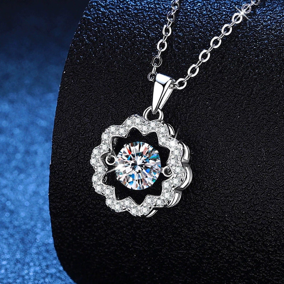 Floral Halo Moissanite Pendant Necklace in Platinum-Plated S925 Sterling Silver dark background product display view