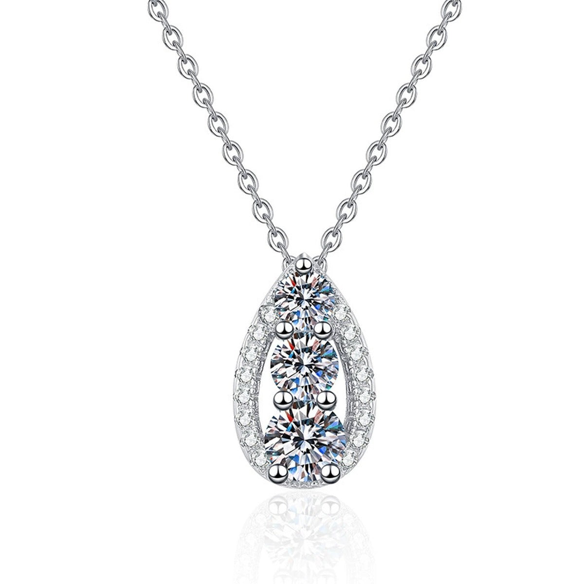 Teardrop Cluster Moissanite Pendant Necklace in Platinum-Plated S925 Sterling Silver on clean white background showing the teardrop cluster pendant with graduated stones