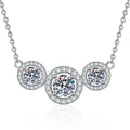 Three-Stone Halo Moissanite Station Necklace in Platinum-Plated S925 Sterling Silver on clean white background showing the three-stone station necklace with halo frames