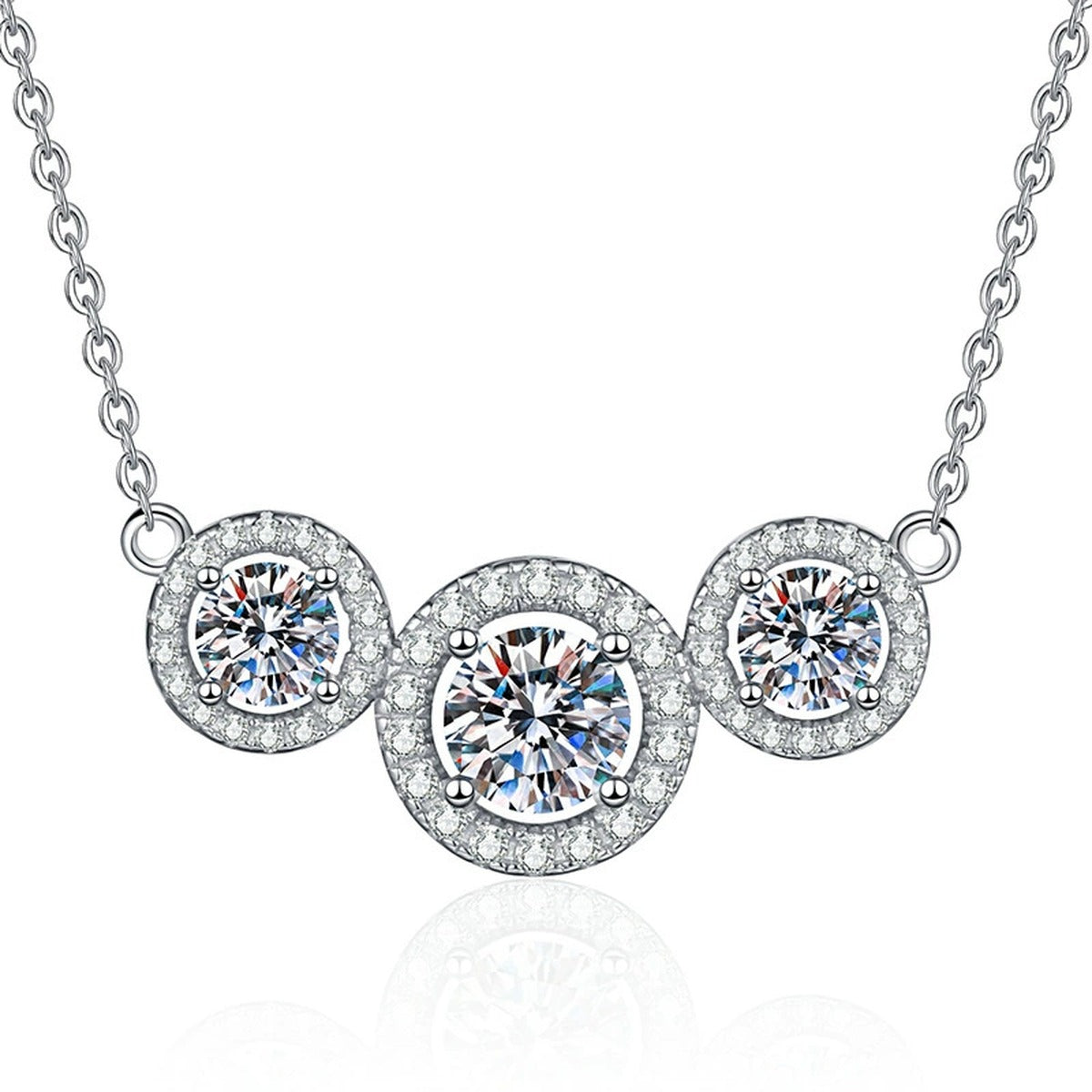 Three-Stone Halo Moissanite Station Necklace in Platinum-Plated S925 Sterling Silver on clean white background showing the three-stone station necklace with halo frames