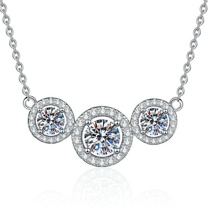 Three-Stone Halo Moissanite Station Necklace in Platinum-Plated S925 Sterling Silver on clean white background showing the three-stone station necklace with halo frames