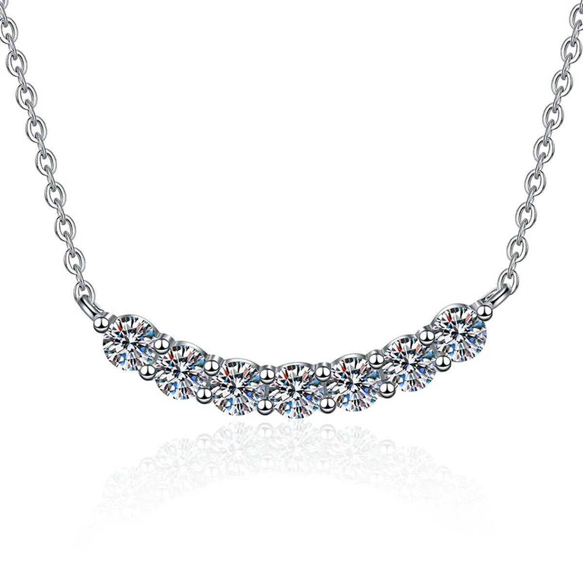 Graduated Moissanite Collar Necklace in Platinum-Plated S925 Sterling Silver on clean white background showing the curved graduated collar necklace