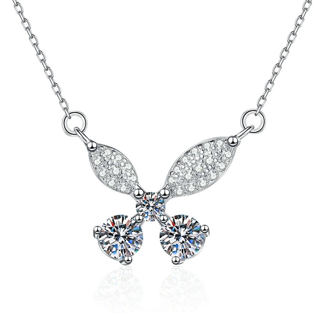 Butterfly Bow Moissanite Pendant Necklace in Platinum-Plated S925 Sterling Silver on clean white background showing the butterfly bow pendant with two round moissanite stones