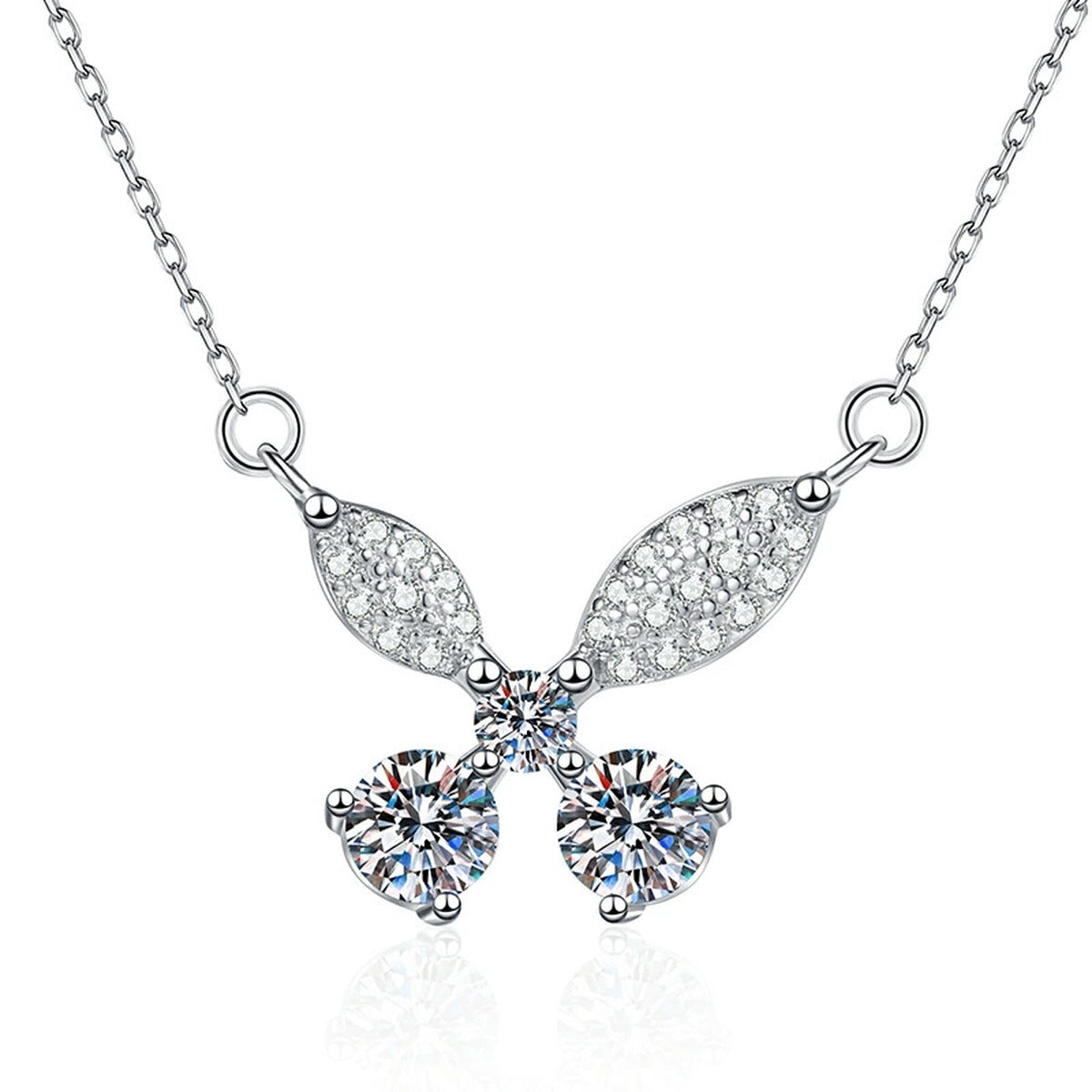 Butterfly Bow Moissanite Pendant Necklace in Platinum-Plated S925 Sterling Silver on clean white background showing the butterfly bow pendant with two round moissanite stones
