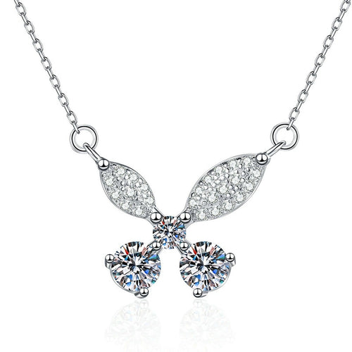 Butterfly Bow Moissanite Pendant Necklace in Platinum-Plated S925 Sterling Silver on clean white background showing the butterfly bow pendant with two round moissanite stones