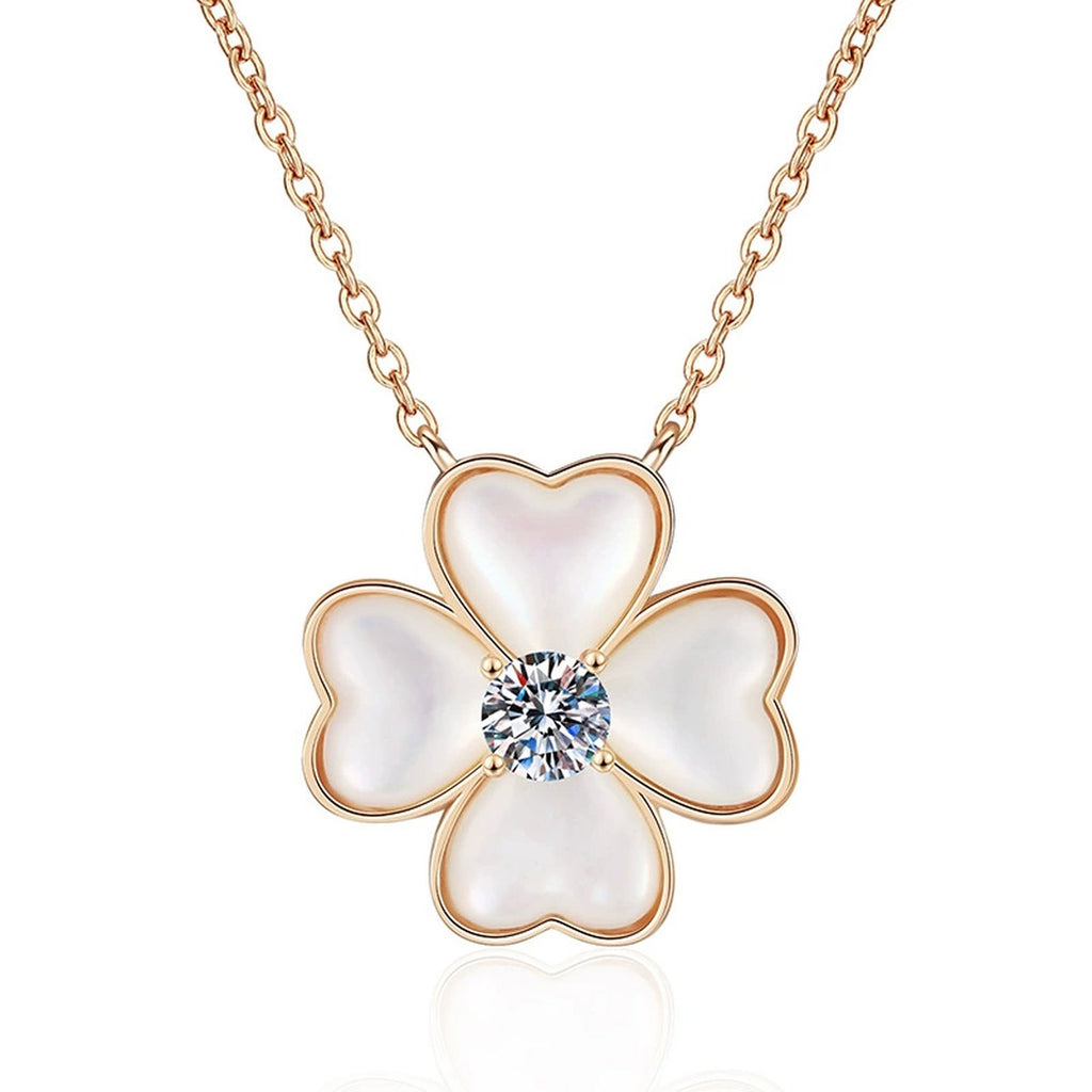 White Mother-of-Pearl Clover Moissanite Pendant Necklace in Champagne Gold-Plated S925 Sterling Silver on clean white background showing the four-leaf clover pendant with white mother-of-pearl petals