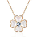 White Mother-of-Pearl Clover Moissanite Pendant Necklace in Champagne Gold-Plated S925 Sterling Silver on clean white background showing the four-leaf clover pendant with white mother-of-pearl petals