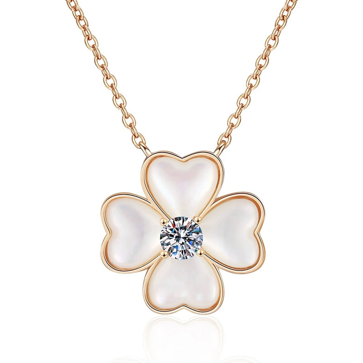White Mother-of-Pearl Clover Moissanite Pendant Necklace in Champagne Gold-Plated S925 Sterling Silver on clean white background showing the four-leaf clover pendant with white mother-of-pearl petals