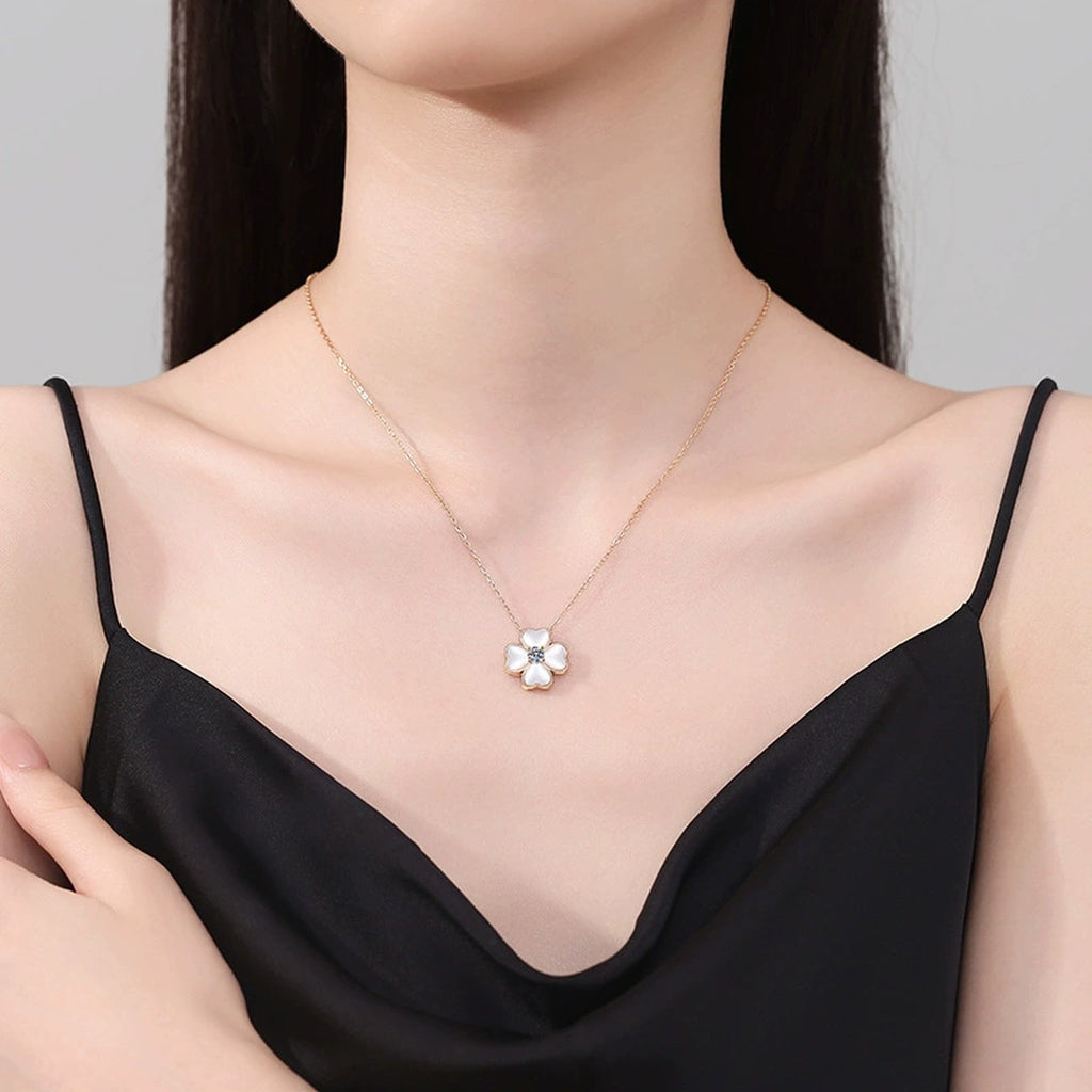 White Mother-of-Pearl Clover Moissanite Pendant Necklace in Champagne Gold-Plated S925 Sterling Silver worn on neckline by model
