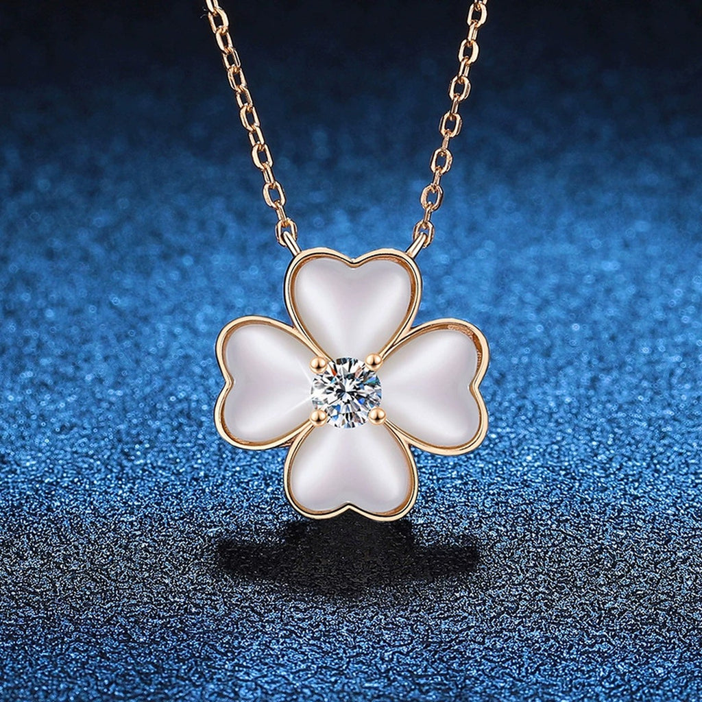 White Mother-of-Pearl Clover Moissanite Pendant Necklace in Champagne Gold-Plated S925 Sterling Silver blue background product view