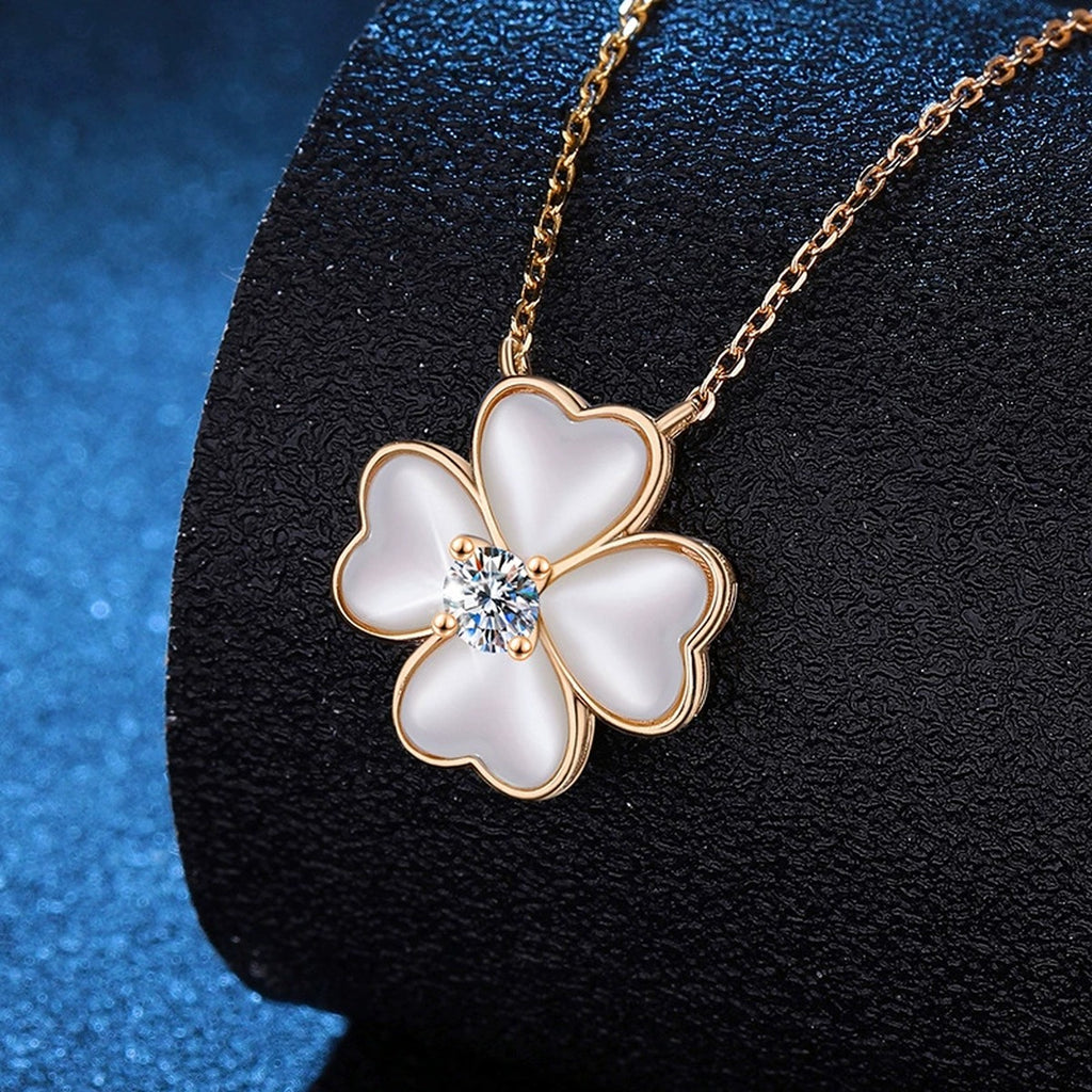 White Mother-of-Pearl Clover Moissanite Pendant Necklace in Champagne Gold-Plated S925 Sterling Silver dark background product display view