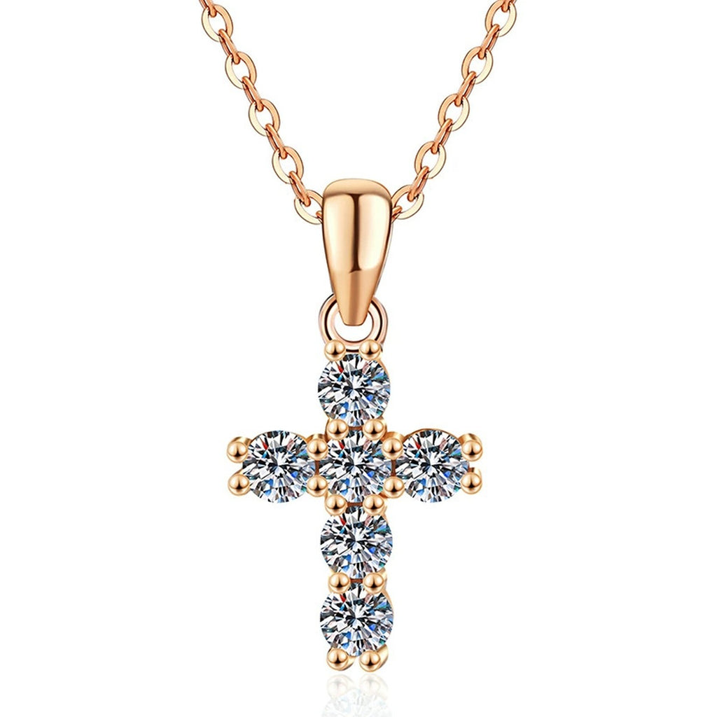 Cross Moissanite Pendant Necklace in S925 Sterling Silver on clean white background showing the delicate cross pendant set with round moissanite stones